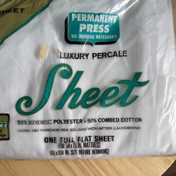 Vintage Luxury White Percale Full Flat Sheet Kmart Combed Cotton 54x75 In - Picture 2 of 3